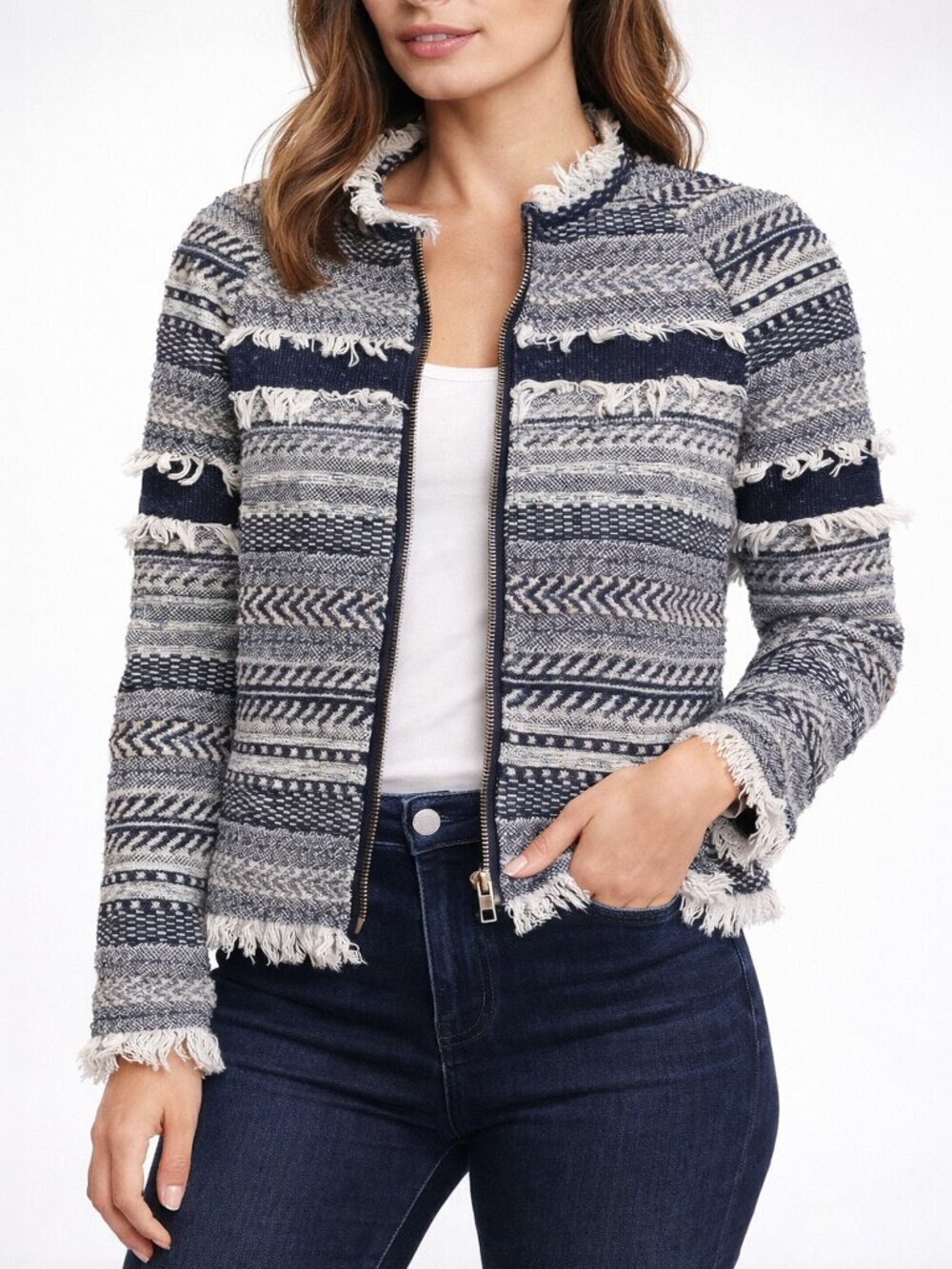Club Monaco Navy White Herringbone Tweed Fringe Jacket Size 00